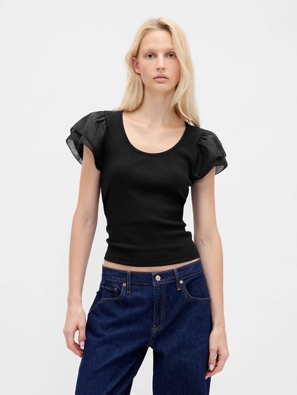 GAP Black Puff-Sleeve Scoop Neck Crop Top